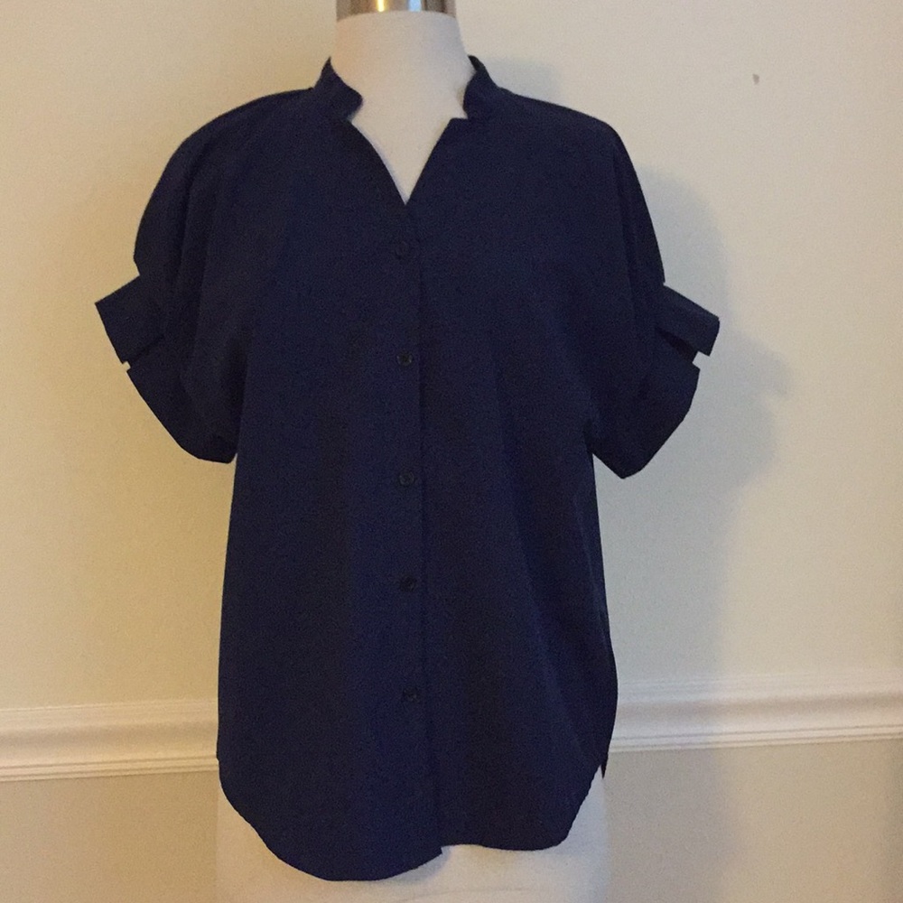 Navy Blue Short Sleeve, Collarless, Button Up